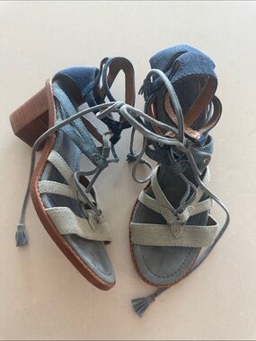 Frye Brielle Gladiator Denim and Light Blue Lace-Up Block Heel Sandals